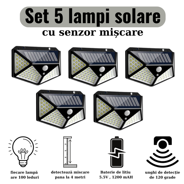 Promo: Set 5 Lămpi Solare Exterior 100 LED – Lumină Puternică pe 4 Laturi, cu Senzor de Mișcare 