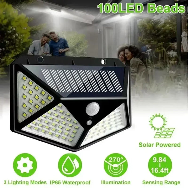Lampa Solara Exterior 100 LED – Lumină Puternică pe 4 Laturi, cu Senzor de Mișcare