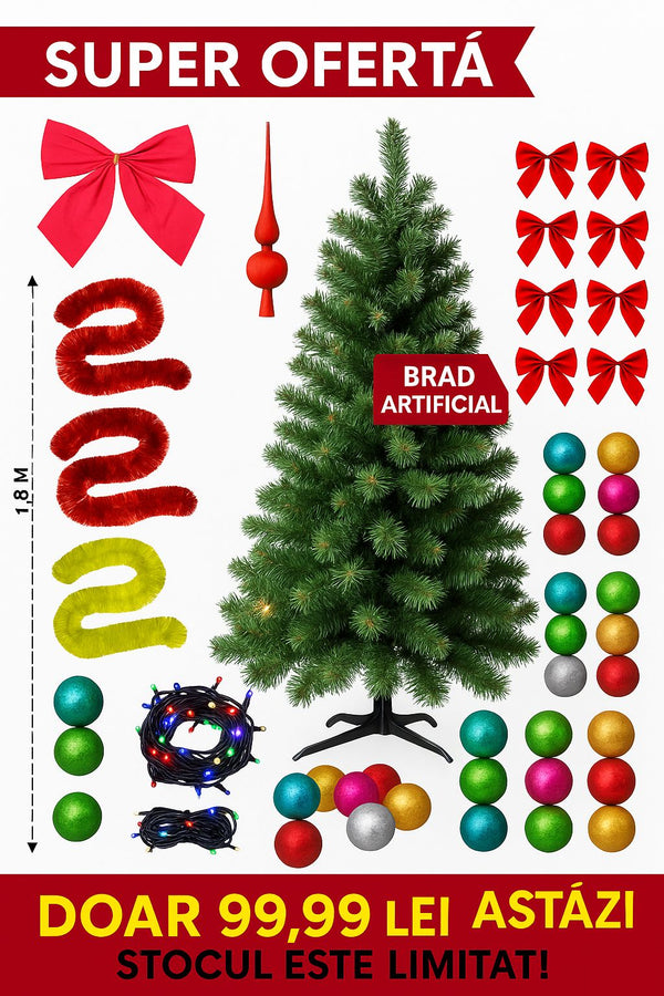 Brad Artificial De Craciun, Cu 45 De Accesorii Pentru Impodobit, 1.8 m Inaltime + Instalatie 10 m