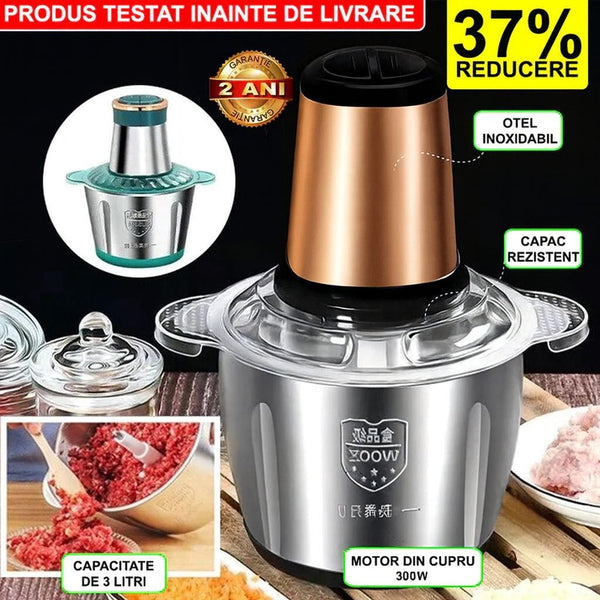 Tocator electric Multifuncțional pentru Carne, Fructe si Legume, Bol Din Inox, 4 Lame, Capacitate 3L